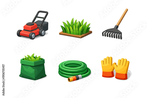 Collection of cartoon gardening tools and plants on a white background
