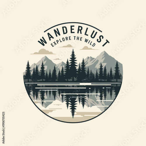 Wanderlust Logo with Mountains and Trees.