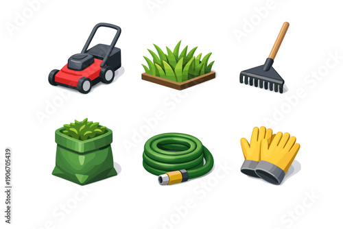 Collection of gardening tools and supplies for lawn care and yard maintenance