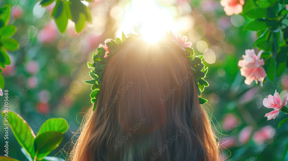 Naklejka premium A woman wearing a flower headband is standing in a field of pink flowers
