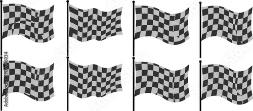 Flat vector illustration set of black and white checkered racing flags on poles with different waving movements for sports and automotive competitions.