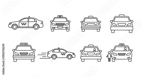 Collection of taxi car outlines in various views and styles.