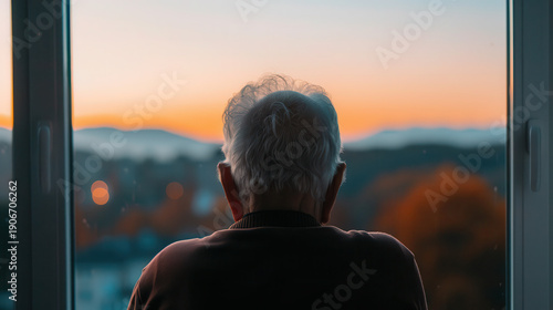 A man with a bald head is looking out a window at a beautiful sunset