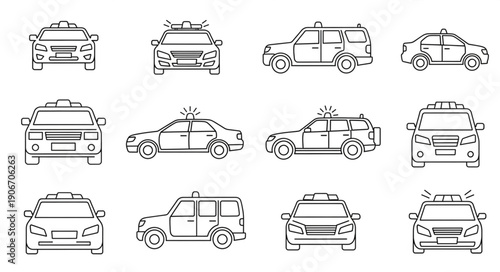 Collection of taxi car outlines in various views.