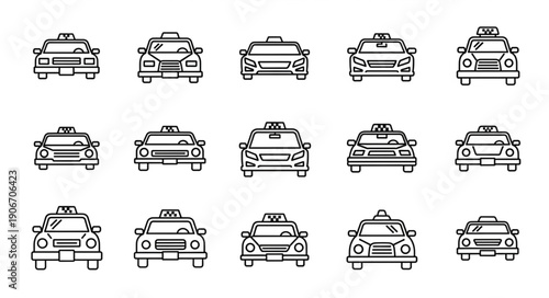 Collection of Taxi Icons Front View Line Art Style.