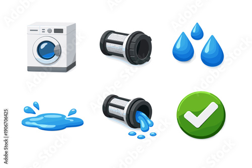 Washing machine filter maintenance and water leak troubleshooting icons