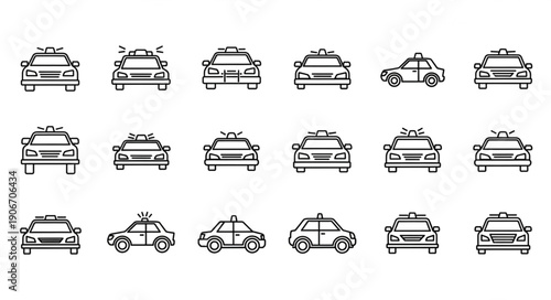 Collection of Taxi Icons in Line Art Style.