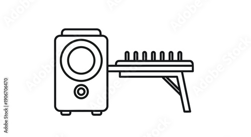 Simple line drawing of a vintage film camera with a lens and flash