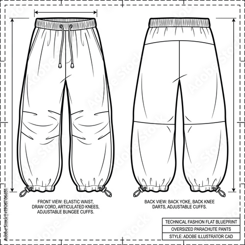 Technical Fashion Blueprint: Oversized Parachute Pants Design for Activewear and Streetwear Apparel Production and Fashion Design Projects