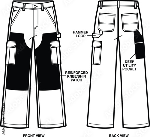 Technical Illustration of Durable Work Pants with Reinforced Knees and Utility Pockets: A Design for Construction, Trades, and Outdoor Activities