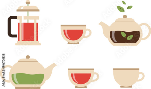 Flat vector illustration set of tea time elements including ceramic teapots with green and black tea glass cups and a french press.