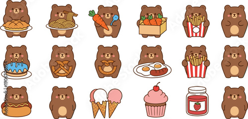 Cute Bear Cartoon Vector Set with Fast Food, Ice Cream, Cupcake, Popcorn and Kawaii Animal Characters Collection