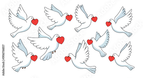 Eight white doves flying with red hearts in their beaks against a clean white background in a graphic illustration.
