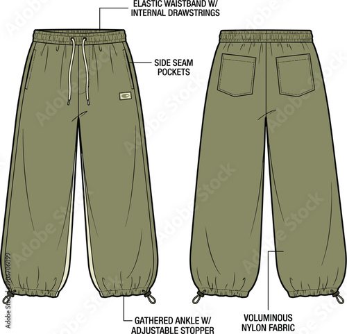 Technical Flat Sketch of Fashionable Nylon Balloon Pants with Elastic Waistband and Adjustable Ankle Stoppers, Ideal for Activewear and Streetwear Design Projects