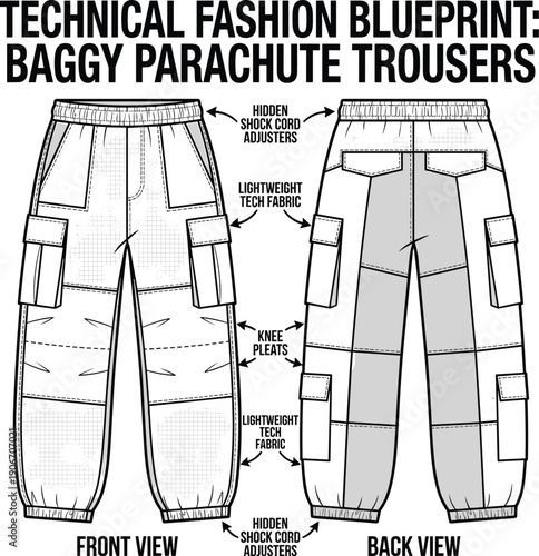 Detailed Technical Fashion Blueprint: Baggy Parachute Trousers Design for Clothing Production, Featuring Front and Back Views with Adjusters and Fabric Details