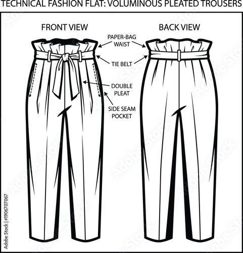 Technical Fashion Flat of Voluminous Pleated Trousers: Front and Back Views for Garment Design, Fashion Illustration and Pattern Making Reference in Apparel Industry