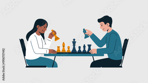 Two people playing a chess game across a table, strategic thinking and intellectual board game concept