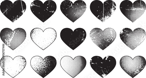 Grunge heart texture pack distressed halftone pattern love symbol for vintage poster background vector design