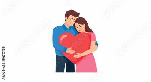 Illustration of a man and woman embracing a large red heart, conveying love and affection on a plain white background.