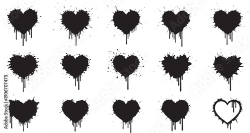 Set of black ink heart shapes with dripping paint, vector collection of abstract splash hearts for design