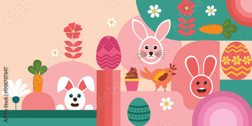 Geometric colorful holiday banner for happy easter trendy minimalistic holiday