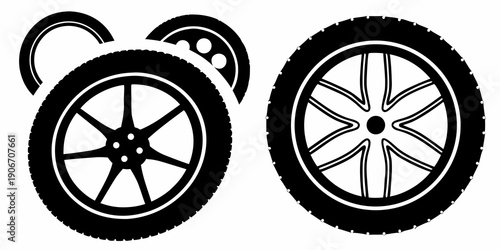 car tire and wheel rim icons automotive service silhouette set