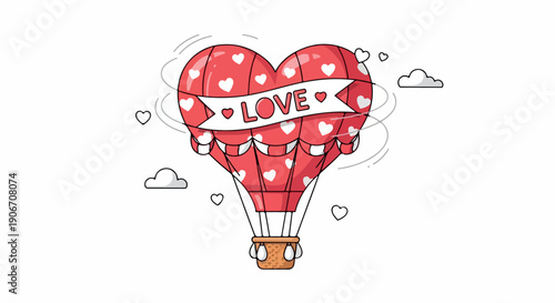 Illustration of a red heart-shaped hot air balloon with white polka dots and the word 'LOVE' on a white background with small hearts and clouds.