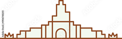 Stylized building facade with stepped levels and archway, geometric art deco style