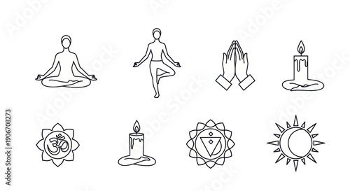 Yoga Meditation Icons: Om, Sun, Moon, Chakras, Candles, Prayer Hands
