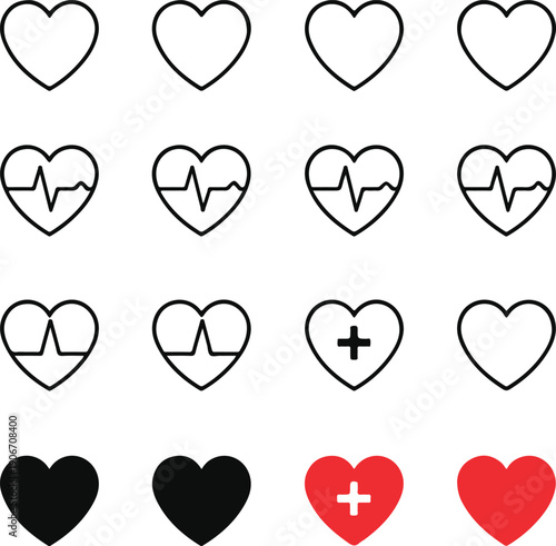 Heart beat icon set. Heart shape with pulse line. Vector illustration