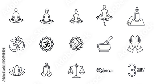 Yoga and Meditation Icons: Lotus Pose, Om Symbol, Candle, Prayer Hands