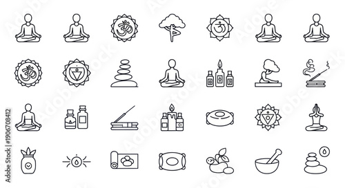 Yoga and Meditation Icons: Om, Chakras, Incense, Candles, and Zen Symbols