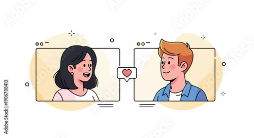Illustration of a man and woman on separate computer screens with a heart symbol between them, conveying online communication with a pastel color scheme.