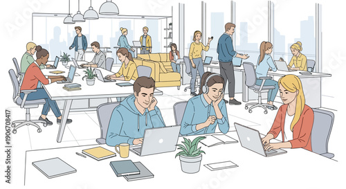 Diverse group of young professionals collaborating and working diligently on laptops within a modern, open-plan corporate office environment