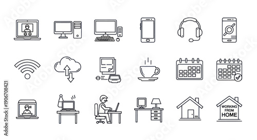 Work from Home and Remote Work Icons Set: Technology, Business, and Lifestyle Symbols