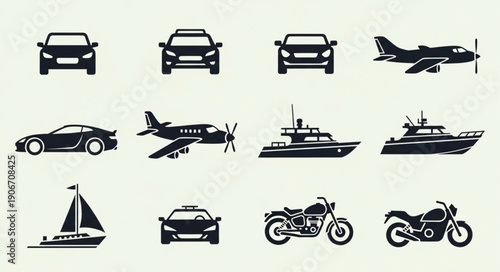 Collection of transportation vehicle icons in silhouette.