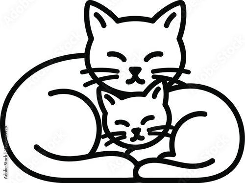Simple black line art drawing depicts two contented cats cuddling closely together in a warm embrace symbolizing affection and family love