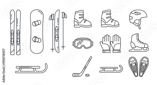 Winter Sports Equipment Line Icons: Skis, Snowboard, Sleds, Hockey Gear, Ice Skates