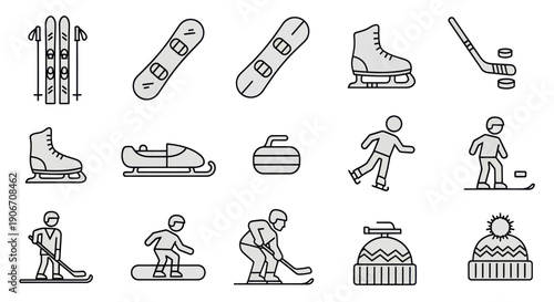 Winter Sports Icons: Skiing, Snowboarding, Skating, Hockey, Sledding, Curling