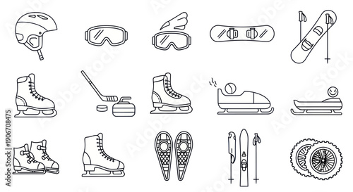 Winter Sports Equipment Icons: Snowboarding, Skating, Skiing, Bobsledding, Hockey