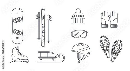 Winter Sports Equipment Icons: Snowboard, Skis, Skates, Sled, Goggles, Helmet