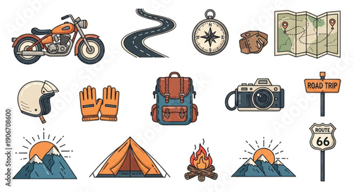 Collection of travel and adventure icons including a motorcycle and backpack.
