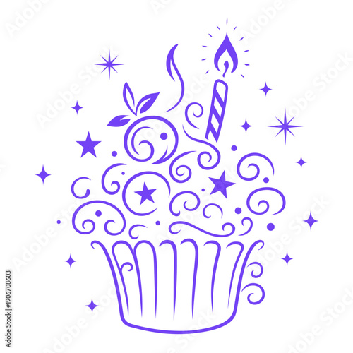 Blaubeer Muffin mit Kerze - Ornamentale Vektor Illustration für Geburtstag, Party und Kindergeburtstag.