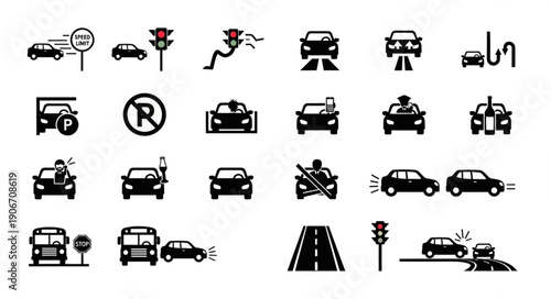 Collection of traffic and car related icons and symbols.