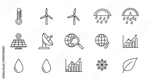 Weather Icons Set: Thermometer, Wind Turbine, Rain, Solar Panel, Globe, Snowflake