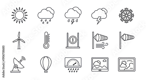 Weather Icons Set: Sun, Rain, Lightning, Snow, Wind, Thermometer, Forecast