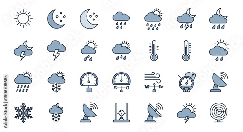 Weather Icons Set: Sun, Moon, Clouds, Rain, Snow, Storm, Thermometer, Wind