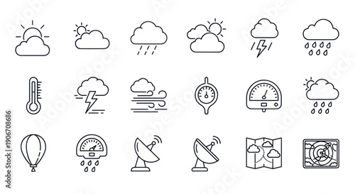 Weather Icons Set: Sun, Clouds, Rain, Thunder, Wind, Thermometer, Map