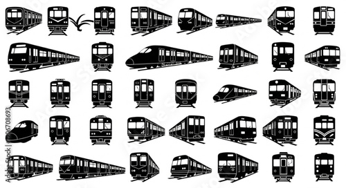 Collection of Train Silhouettes and Icons for Transportation Design.