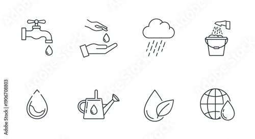 Water Conservation Icons: Tap, Rain, Saving, Droplet, Globe, Watering Can